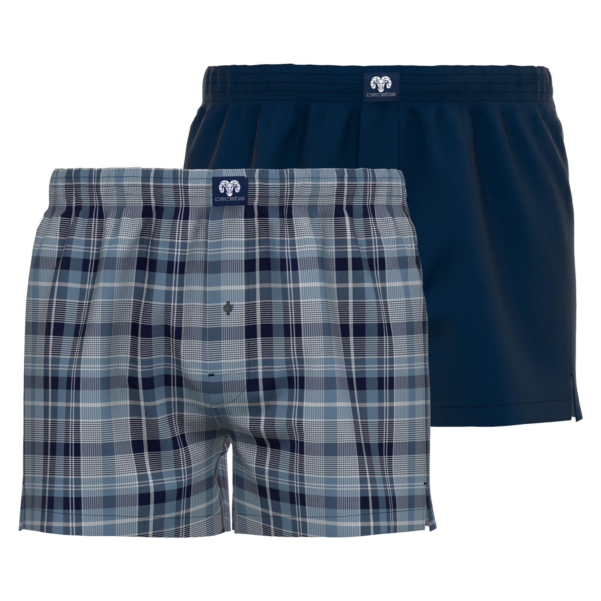CECEBA men's woven boxer shorts, 2-pack - underwear, pants, cotton, logo, checked, single-coloured