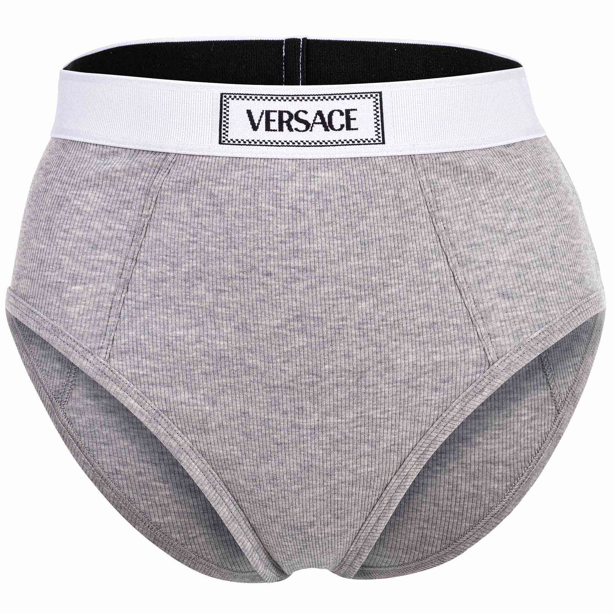 VERSACE Damen Slip Highleg RIB - hoher Logo-Bund, Rippstrick, Baumwoll-Stretch