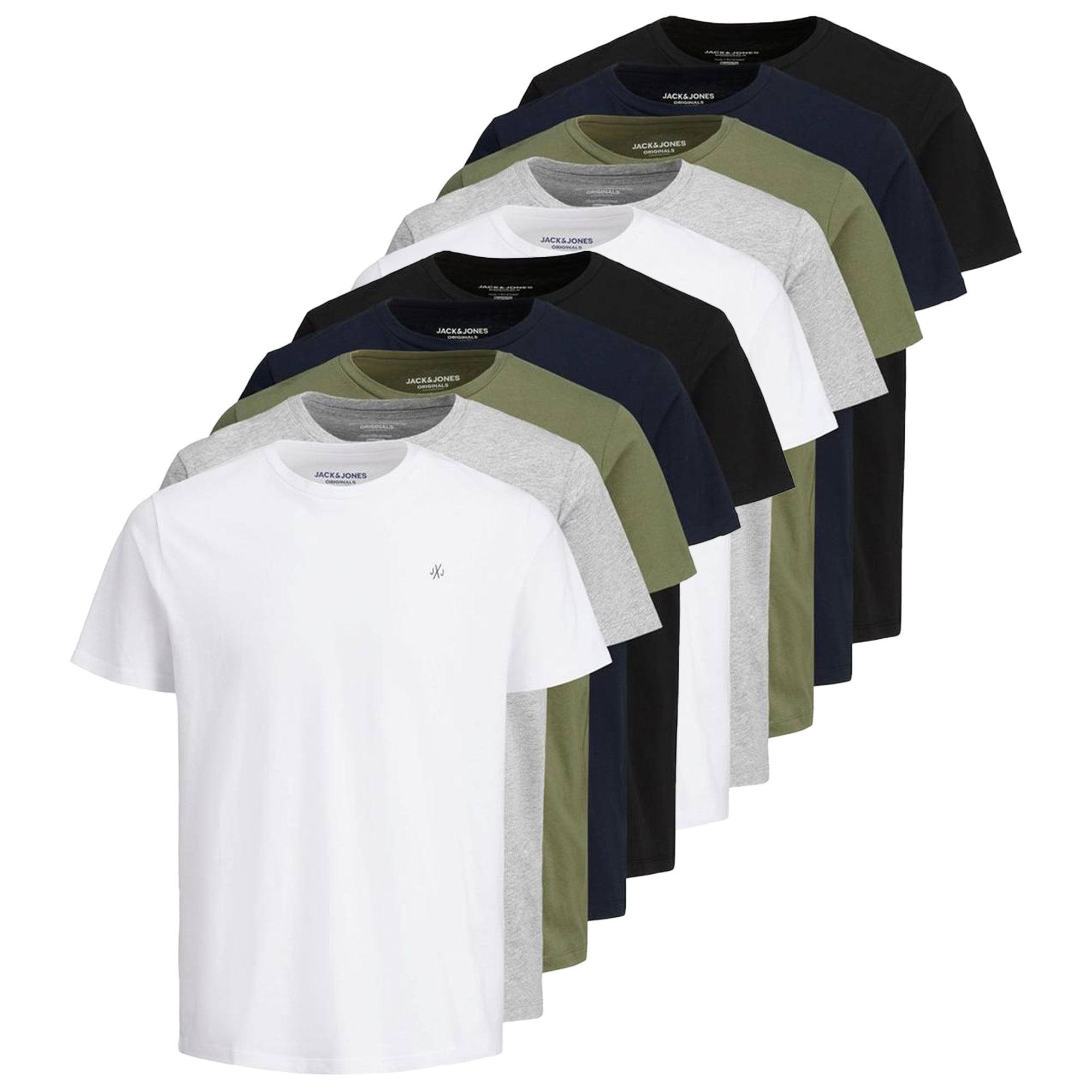 Jack & Jones Men's T-Shirt, 10-Pack - JORJXJ, T-Shirt, Short Sleeve, Round Neck, Cotton, Logo, solid color