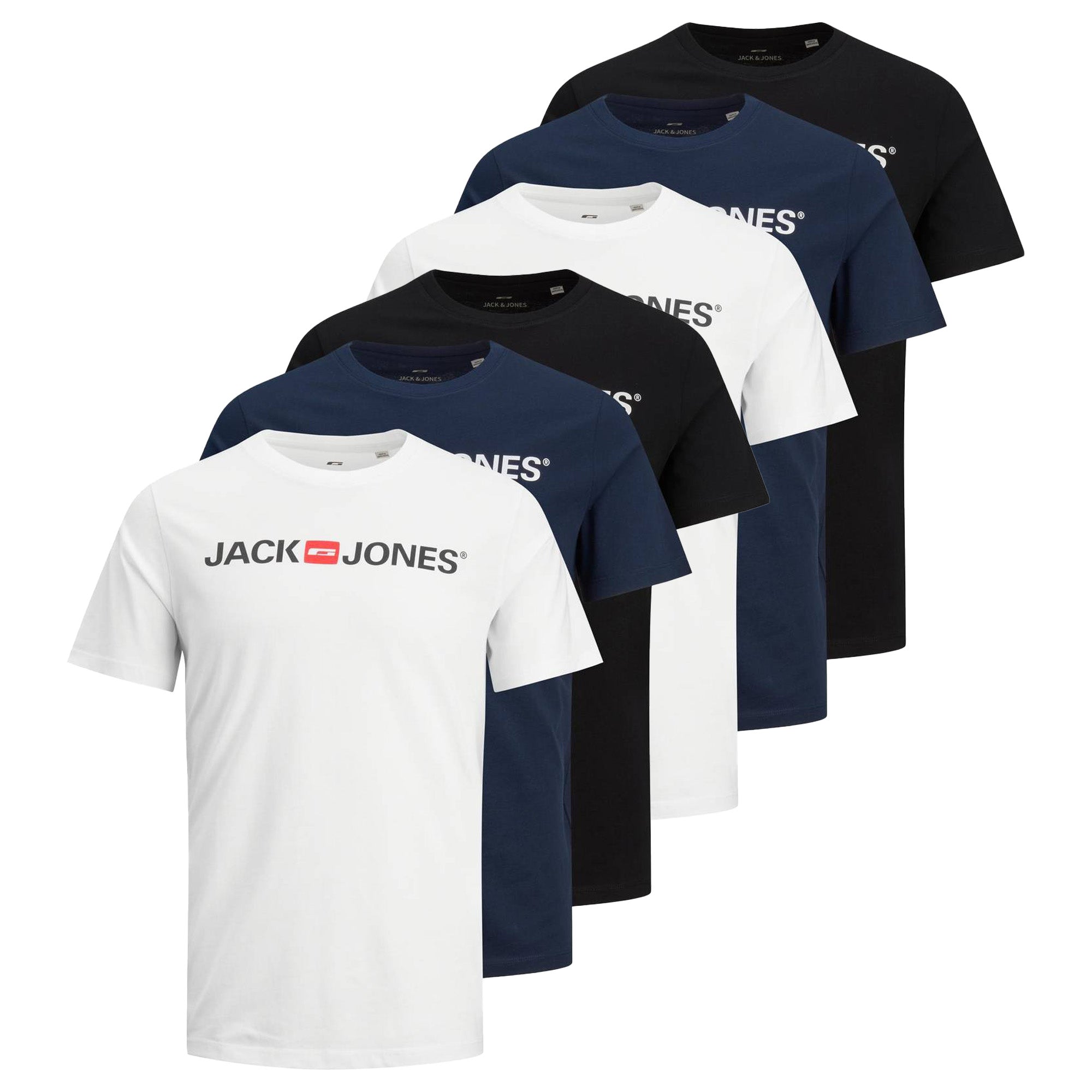 Jack & Jones Men's T-Shirt, 6 Pack - JJECORP LOGO TEE CREW NECK, Logo Print, Cotton
