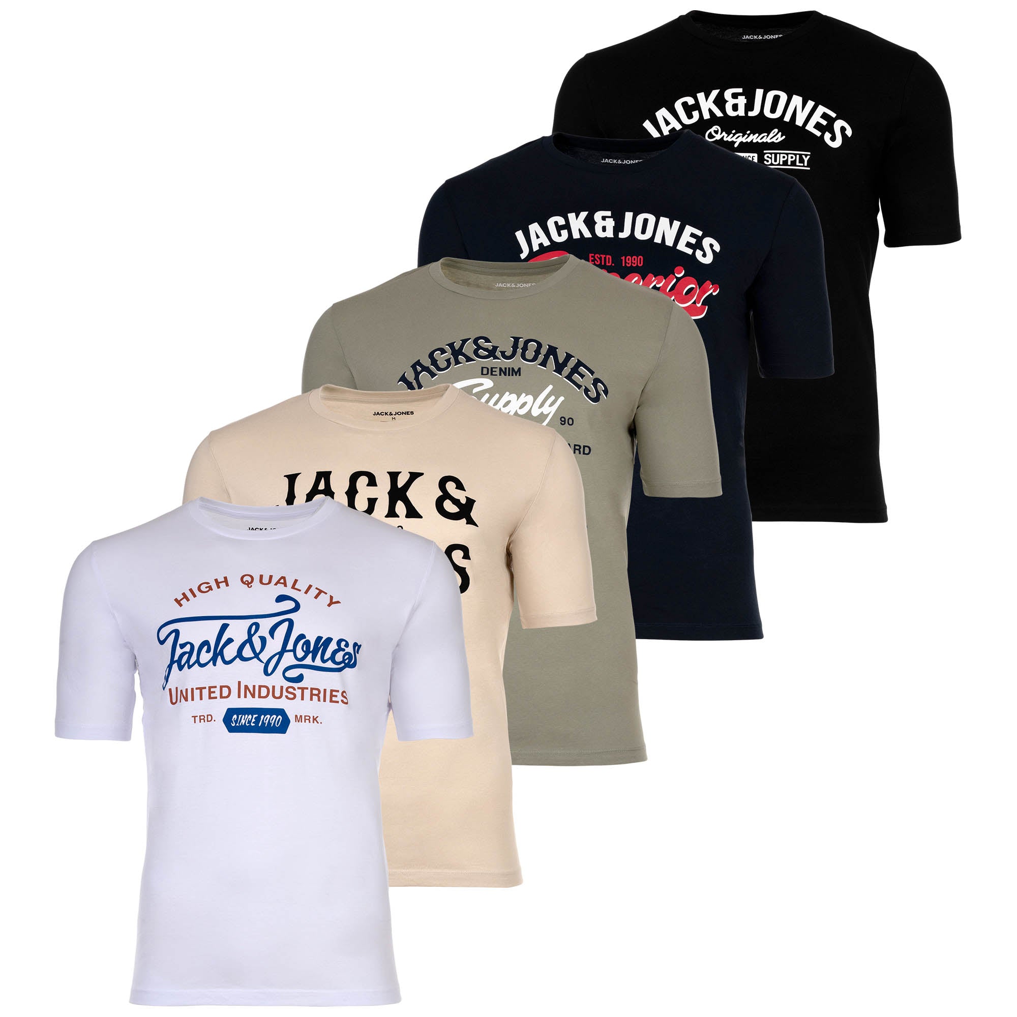 JACK&JONES Herren T-Shirt, 5er Pack - JJLEOGRA TEE CREW NECK, Kurzarm, Rundhals, Baumwolle, Logo-Print