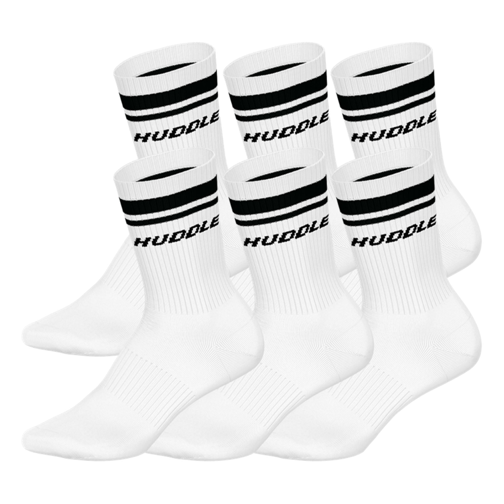 HUDDLE Unisex Socks, 6-Pack – Double Stripes, Logo, Crew, Sports Socks, Solid Color