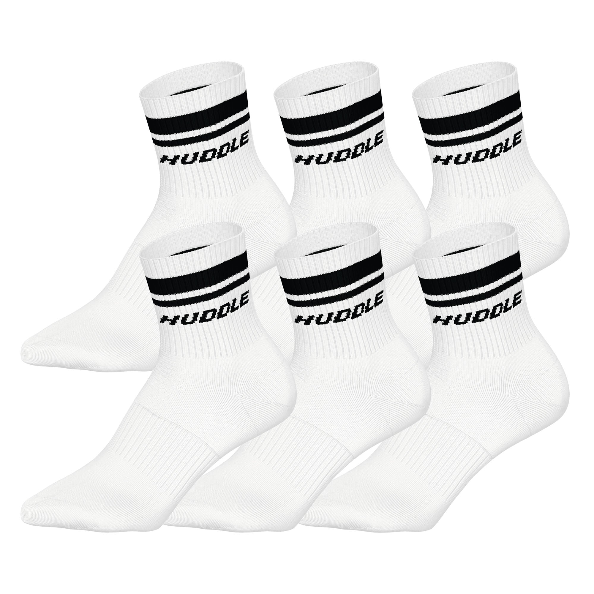 HUDDLE Unisex Socks, 6-Pack – Double Stripes, Logo, Short Crew, Sports Socks, Solid Color