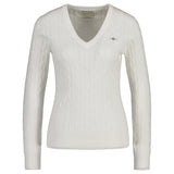 GANT Damen Cable-Strickpullover - STRETCH COTTON CABLE V-NECK, Zopfstrick