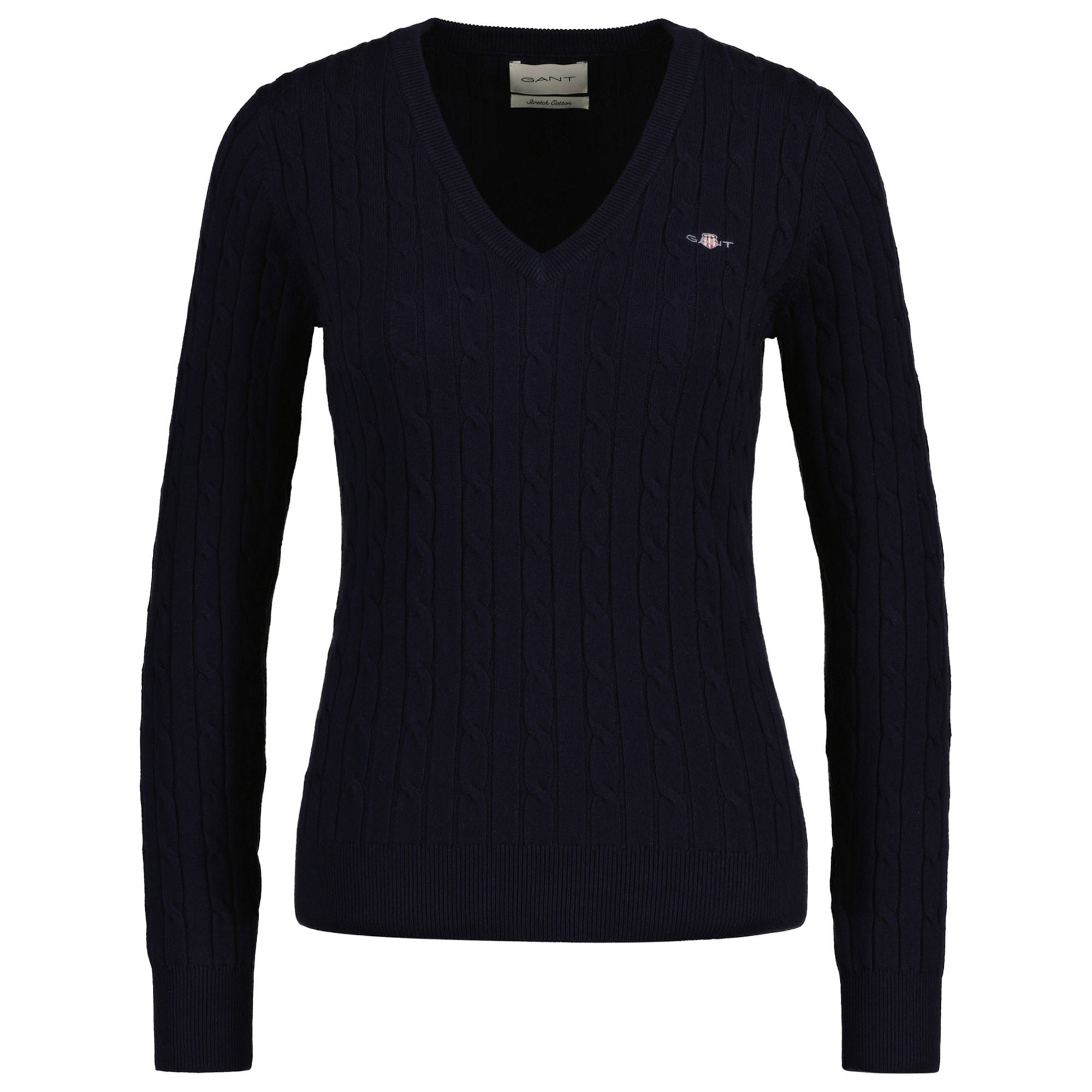 GANT Damen Cable-Strickpullover - STRETCH COTTON CABLE V-NECK, Zopfstrick