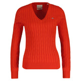 GANT Damen Cable-Strickpullover - STRETCH COTTON CABLE V-NECK, Zopfstrick