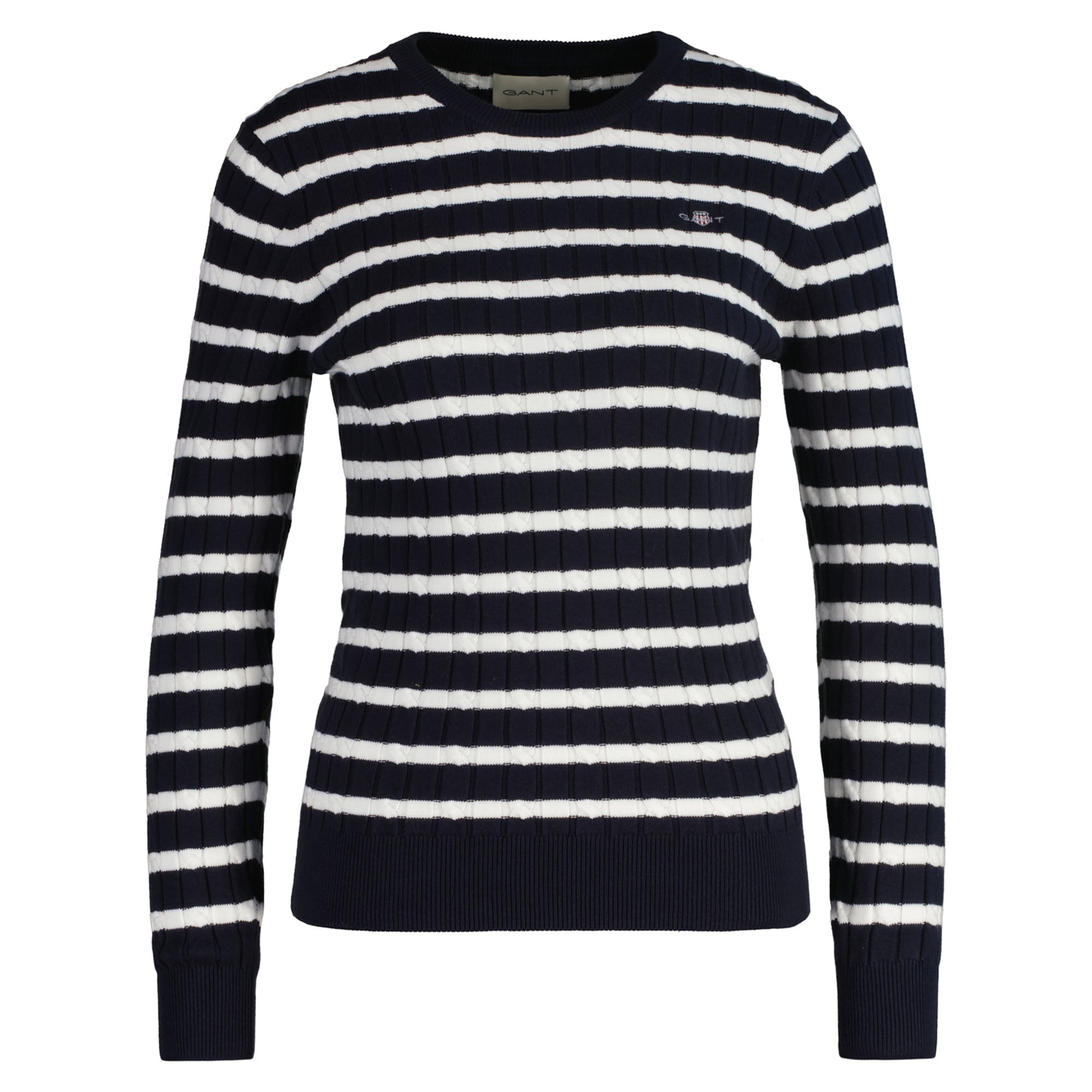 GANT Damen Strickpullover, gestreift - STRETCH COTTON CABLE STRIPE C-NECK