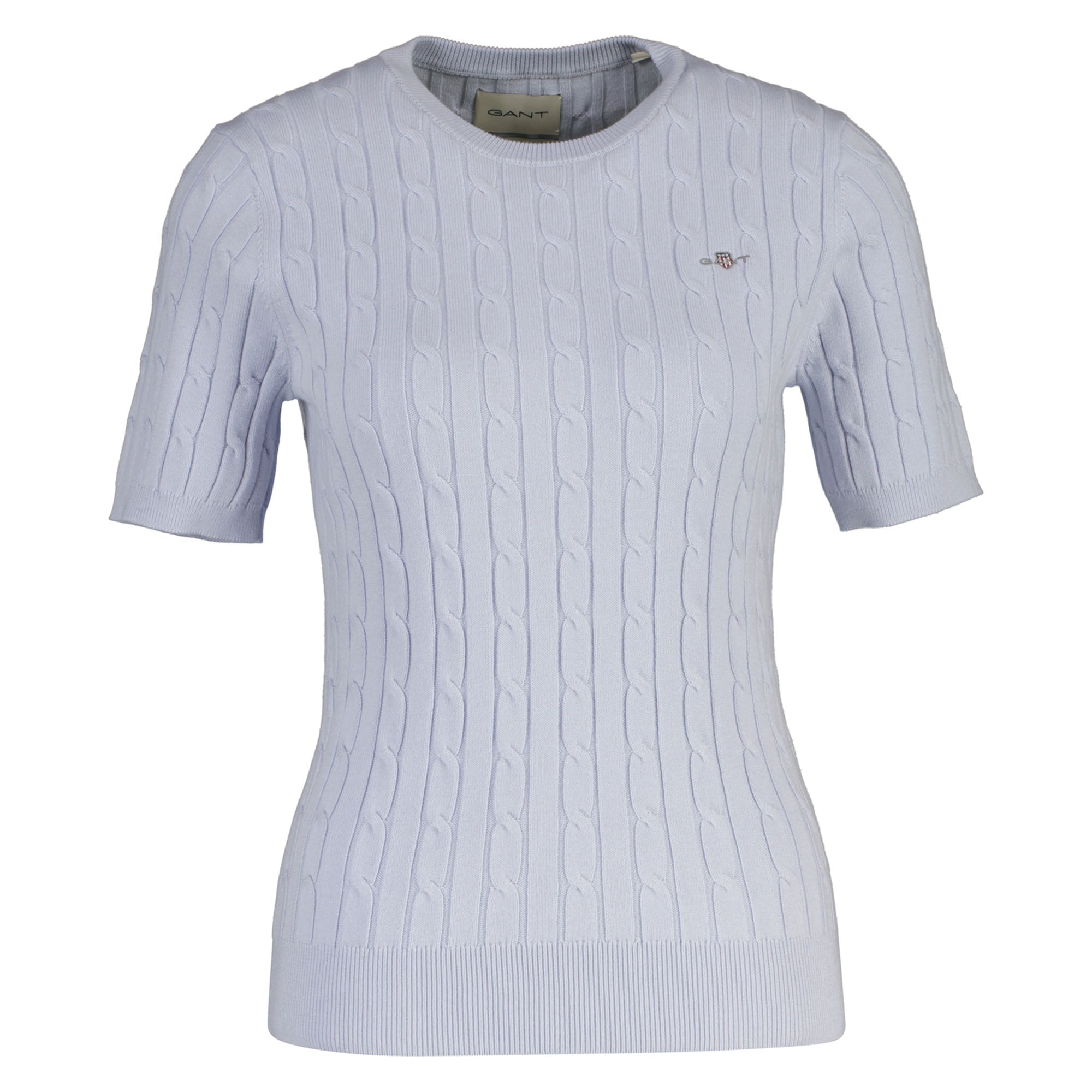 GANT women's knitted T-shirt - STRETCH COTTON CABLE C-NECK, round neck, short sleeves, cable pattern