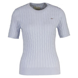 GANT Damen Strick T-Shirt - STRETCH COTTON CABLE C-NECK, Rundhals, Kurzarm, Zopfmuster