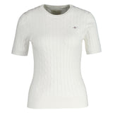 GANT Damen Strick T-Shirt - STRETCH COTTON CABLE C-NECK, Rundhals, Kurzarm, Zopfmuster