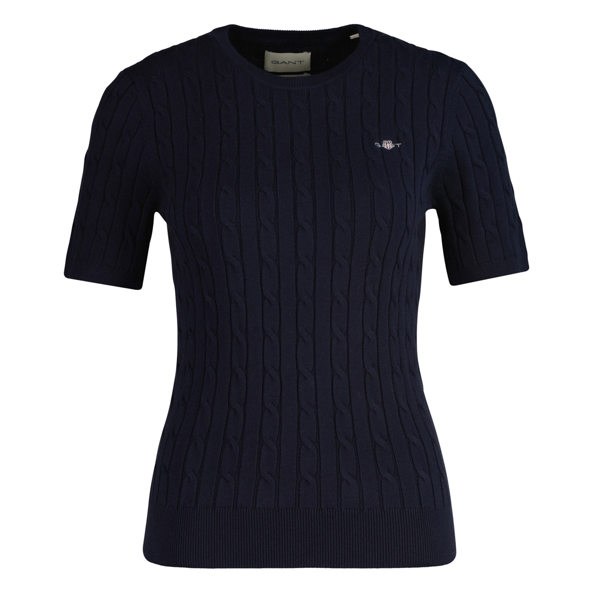 GANT Damen Strick T-Shirt - STRETCH COTTON CABLE C-NECK, Rundhals, Kurzarm, Zopfmuster