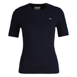 GANT Damen Strick T-Shirt - STRETCH COTTON CABLE C-NECK, Rundhals, Kurzarm, Zopfmuster