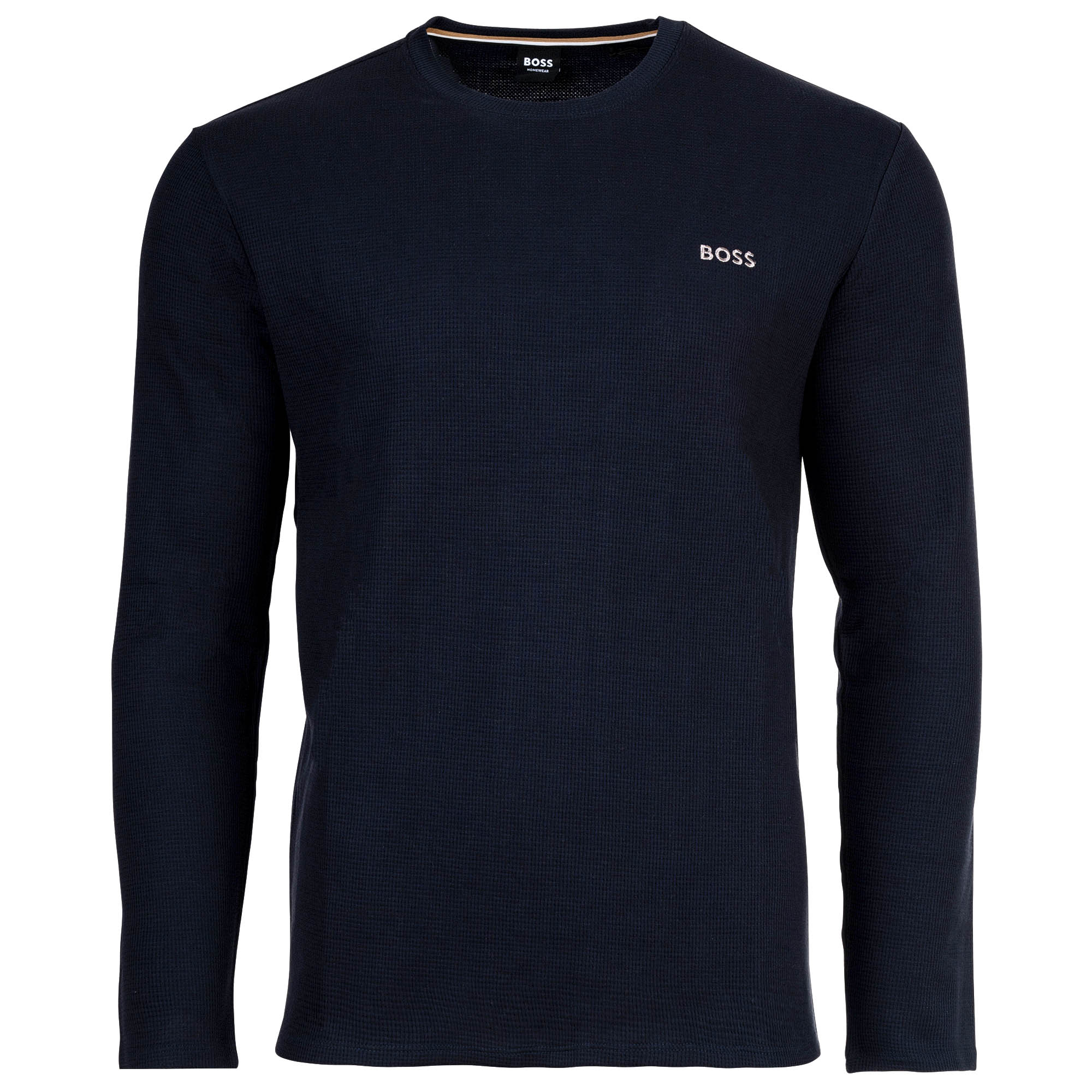 BOSS men's long-sleeved shirt, waffle look - Waffle Longsleeve, long-sleeved shirt, round neck, logo, cotton blend