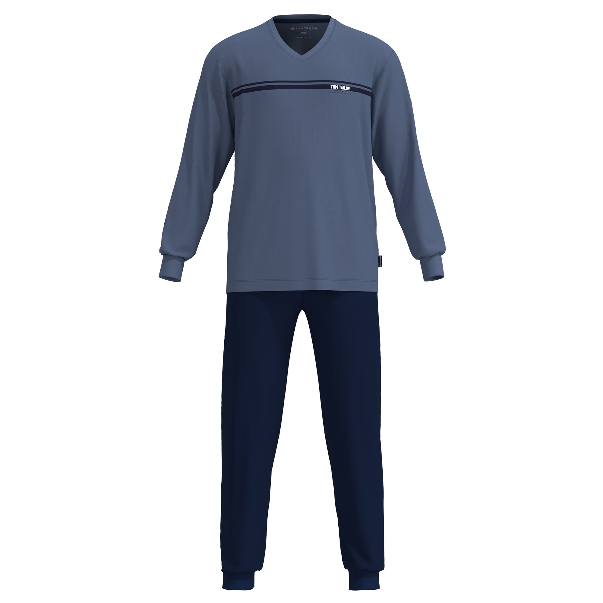 TOM TAILOR Herren Schlafanzug, lang - Pyjama, Bündchen, V-Ausschnitt, Single Jersey