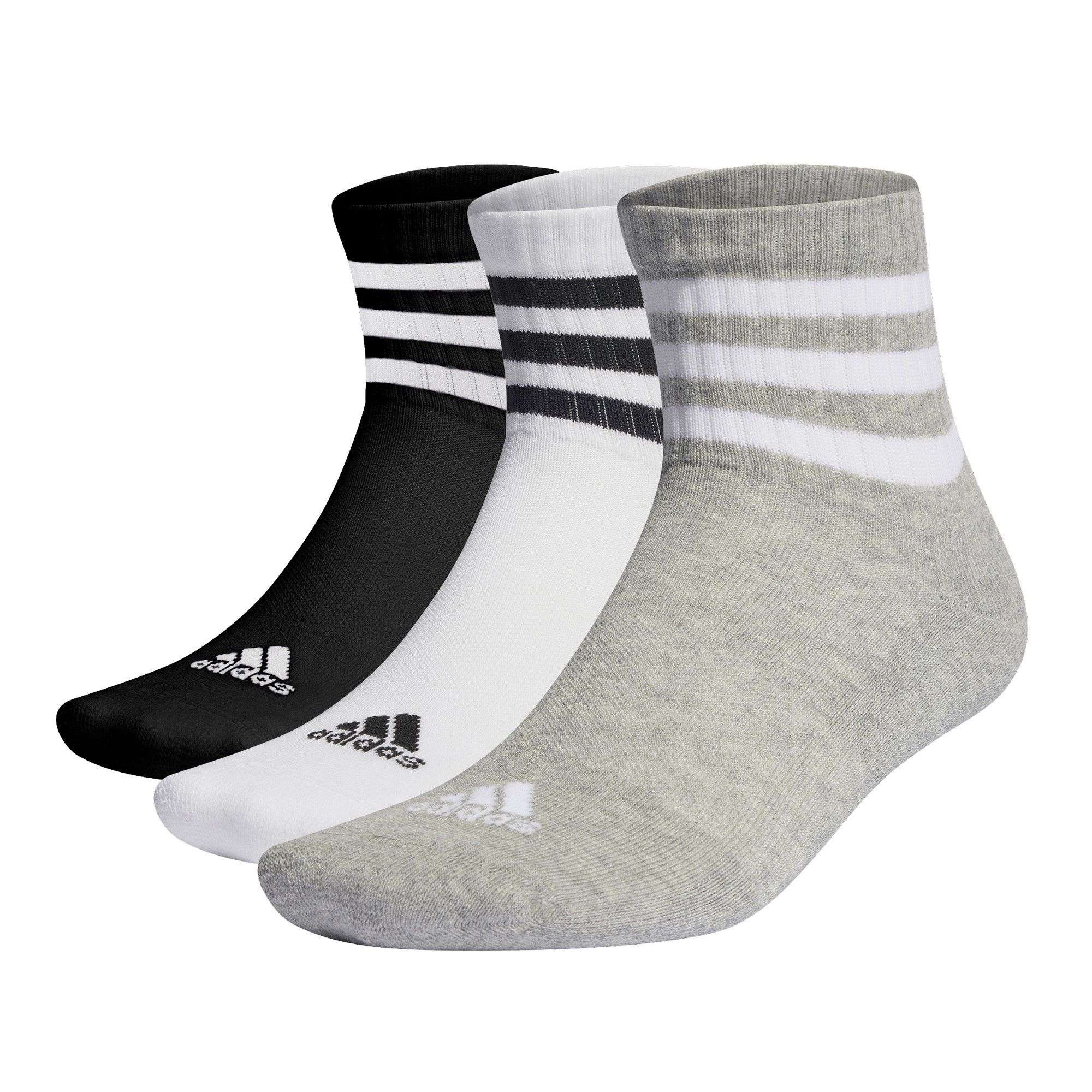 adidas Unisex Quartersocken, 3er Pack - 3-Stripes Cushioned Sportswear Mid-Cut Socks, Logo, Streifen, gepolstert