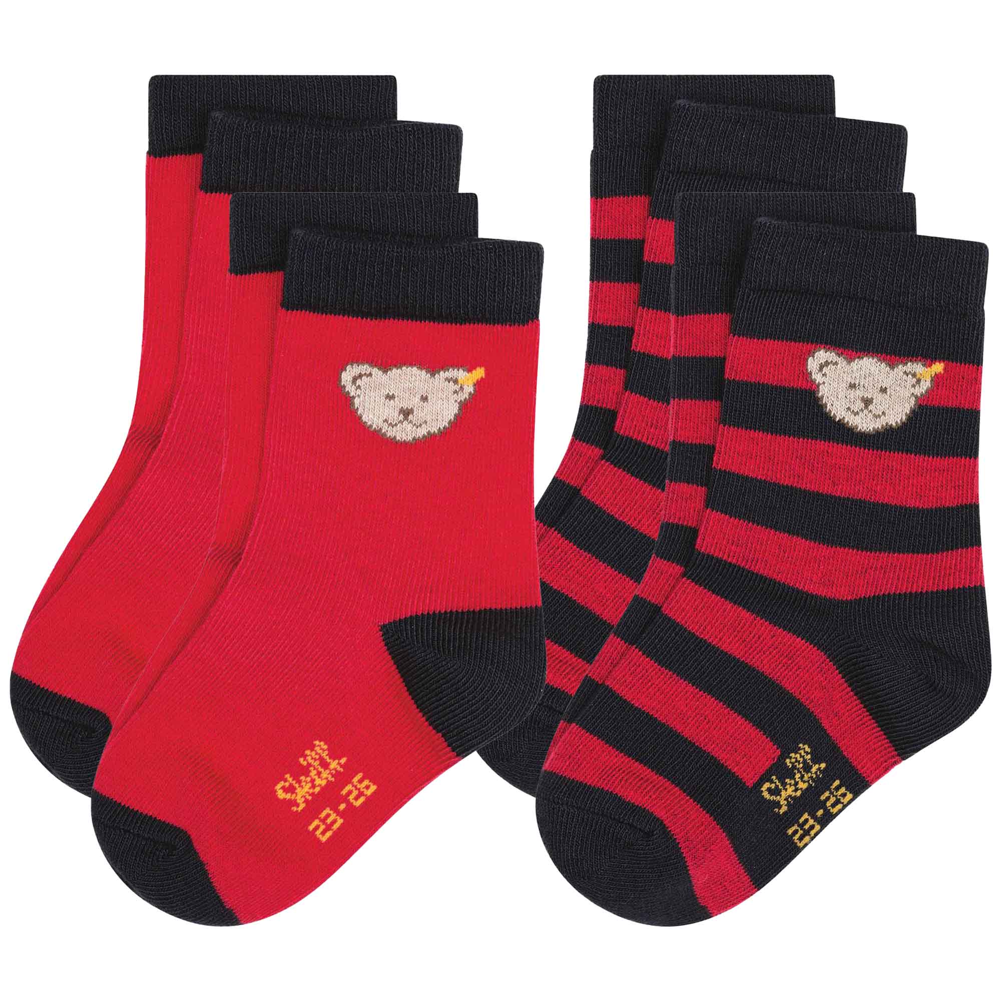 Steiff Kinder Unisex Socken, 4er Pack - Bio-Baumwolle, Teddy-Motiv, uni/gestreift