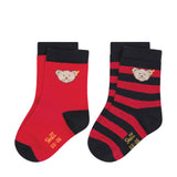 Steiff Kinder Unisex Socken, 2er Pack - Bio-Baumwolle, Teddy-Motiv, uni/gestreift