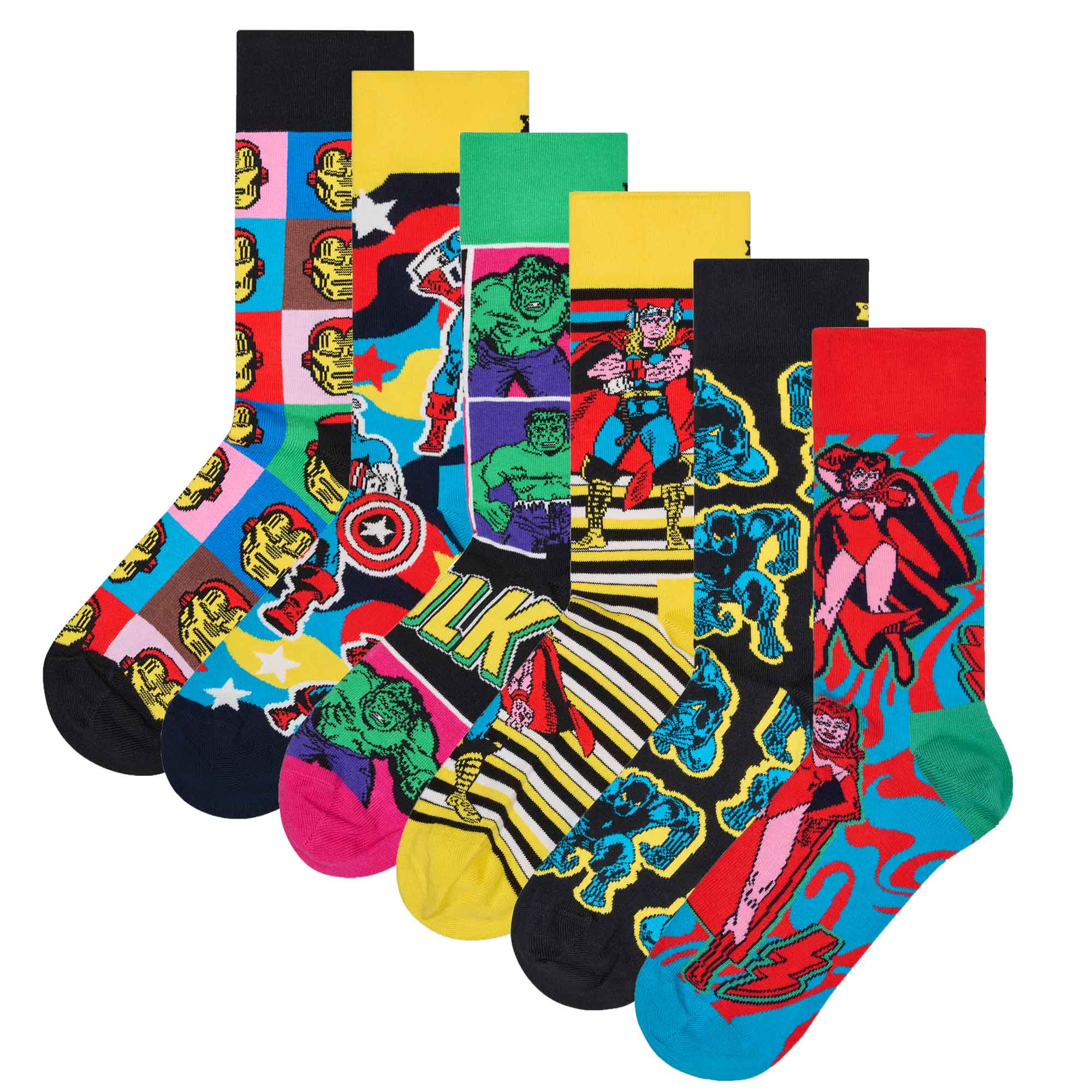 Happy Socks Unisex Socken, 6er Pack - Marvel Avengers, Motivsocken, Baumwollmischung, Geschenkbox
