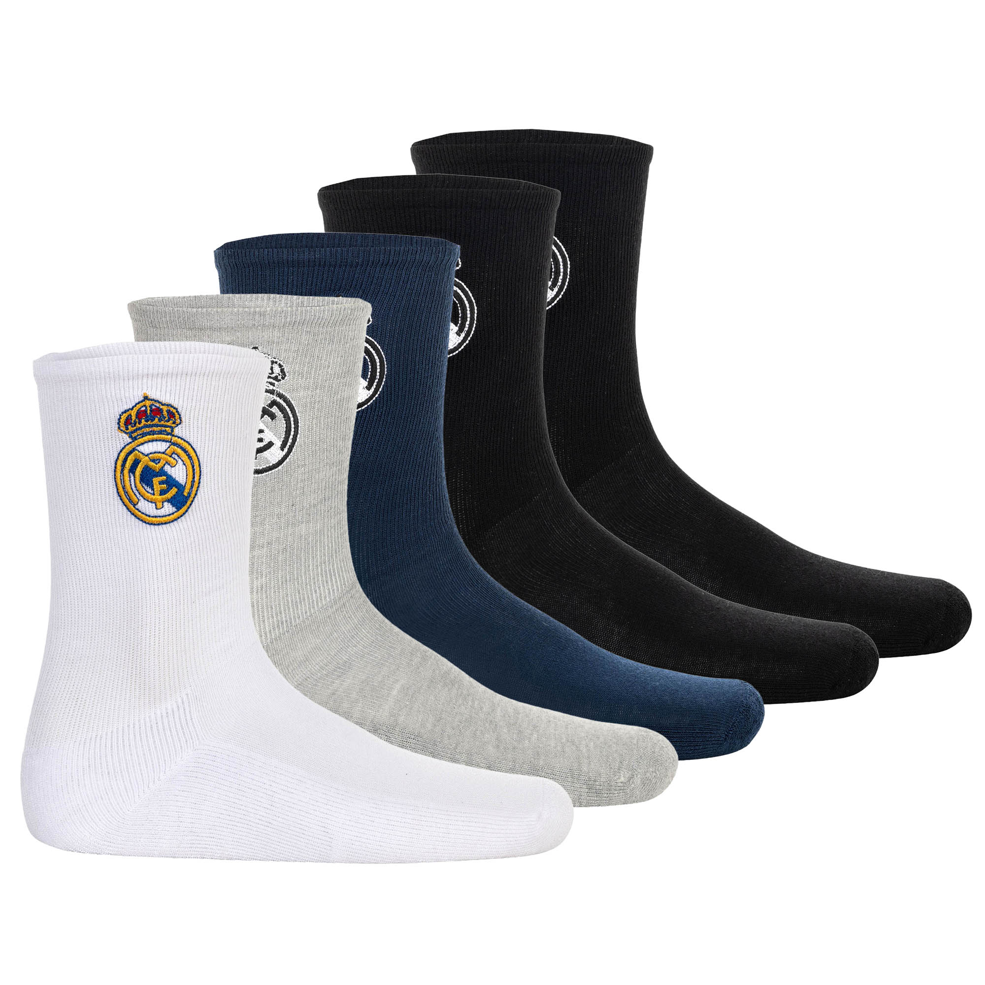Real Madrid Kids Socks, 5-Pack - Tennis Embroidery Socks, Embroidered Emblem Logo, Cotton Blend, Solid Color