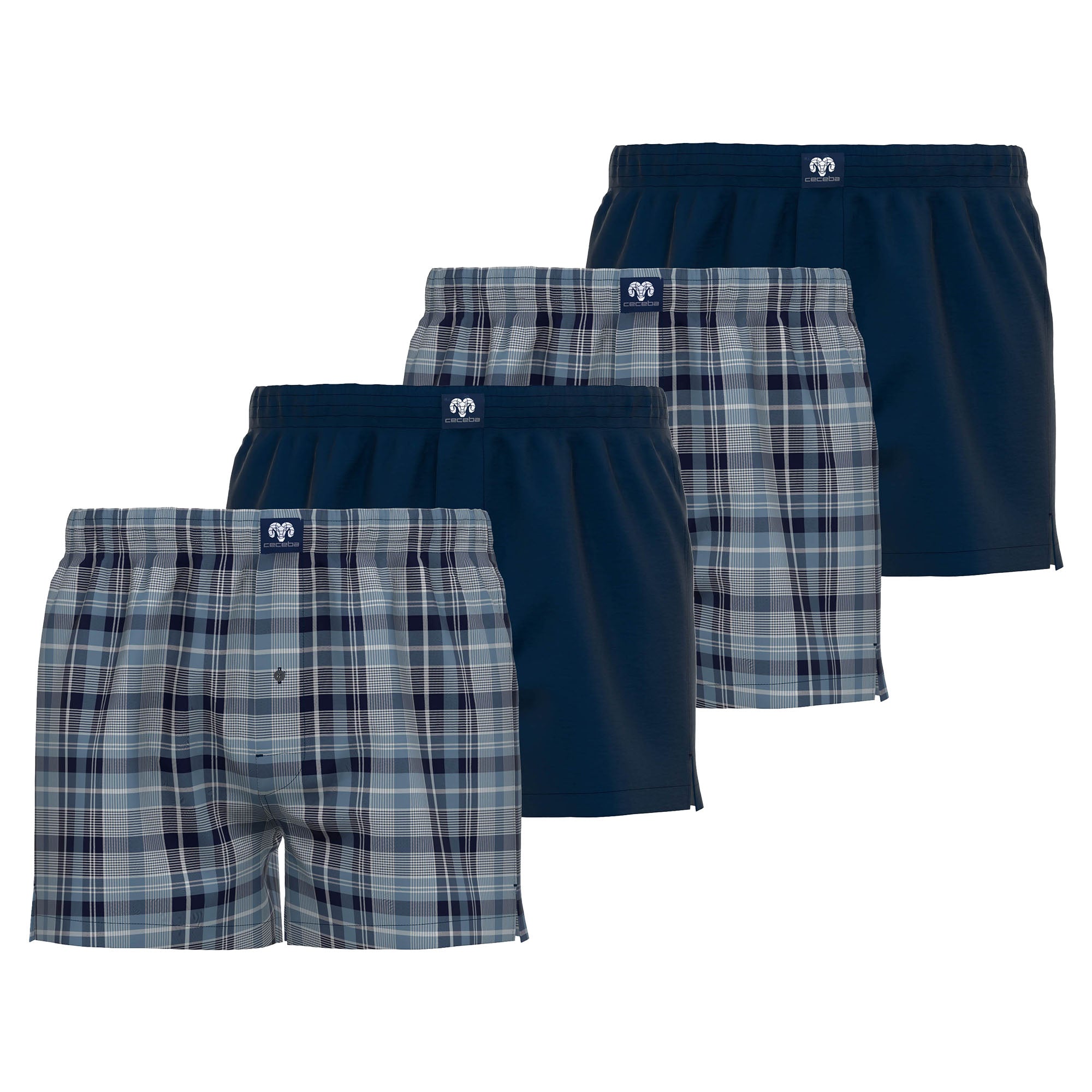 CECEBA Herren Web-Boxershorts, 4er Pack - Unterwäsche, Unterhose, Baumwolle, Logo, Karo, einfarbig