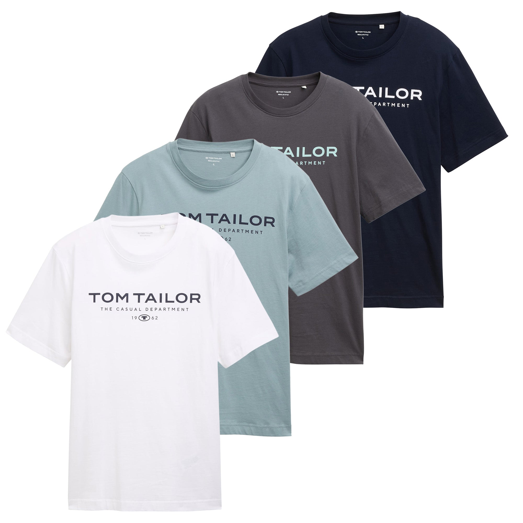TOM TAILOR Herren T-Shirt, 4er Pack - T-Shirt with Print, Rundhals, Regular Fit, Baumwolle