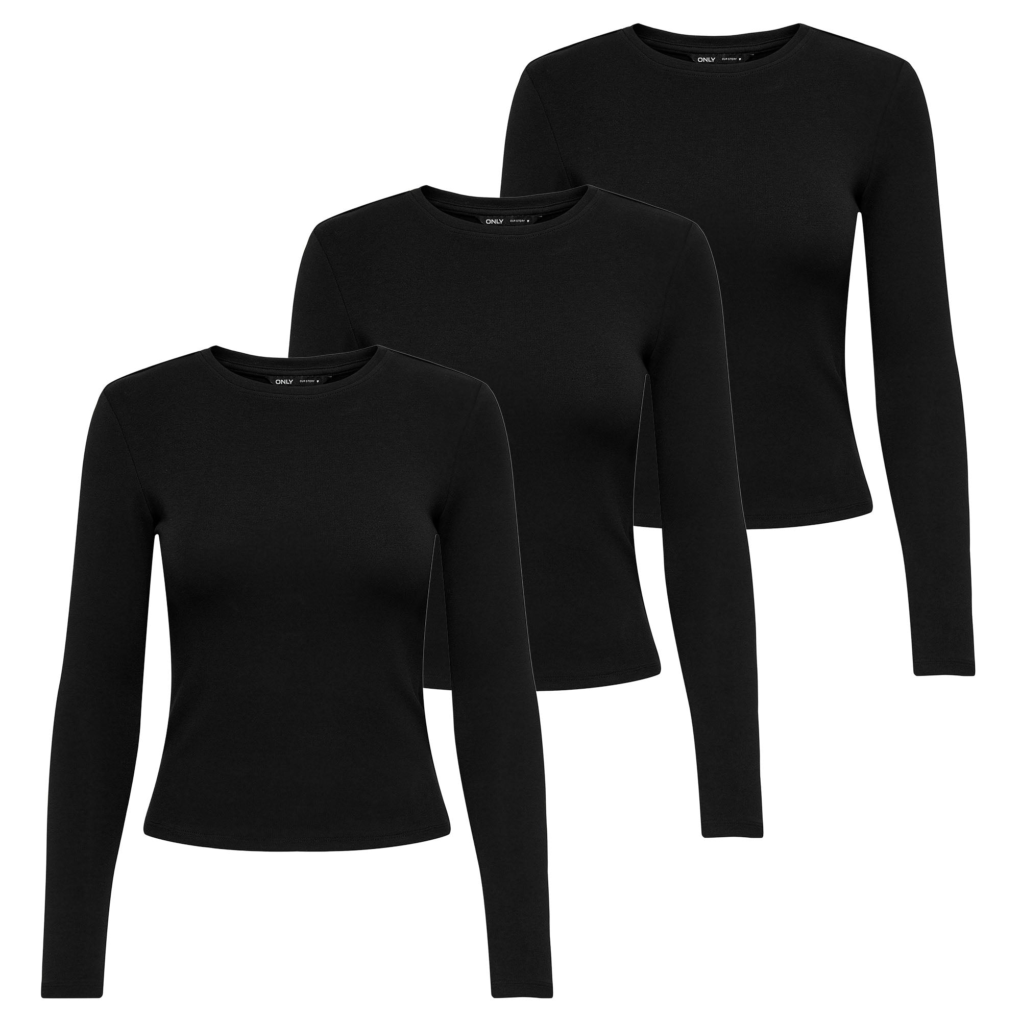 ONLY Damen Langarmshirt 3er Pack - ONLRILEY O-NECK TOP, Longsleeve, Rundhals, Cotton Stretch