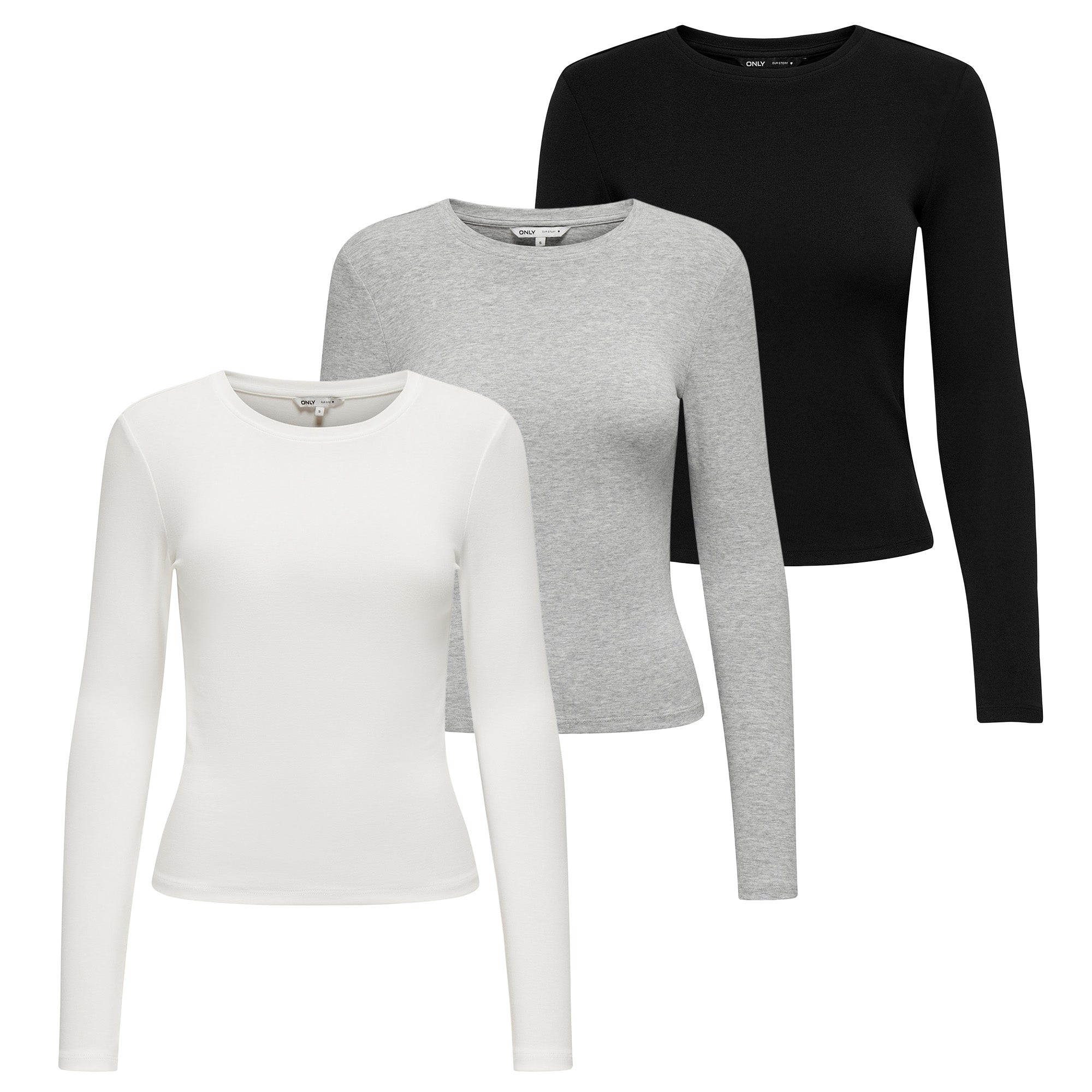 ONLY Women's Long-Sleeved Shirt pack of 3 - ONLRILEY O-NECK TOP, Long Sleeve, Round Neck, Cotton Stretch