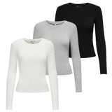 ONLY Damen Langarmshirt 3er Pack - ONLRILEY O-NECK TOP, Longsleeve, Rundhals, Cotton Stretch