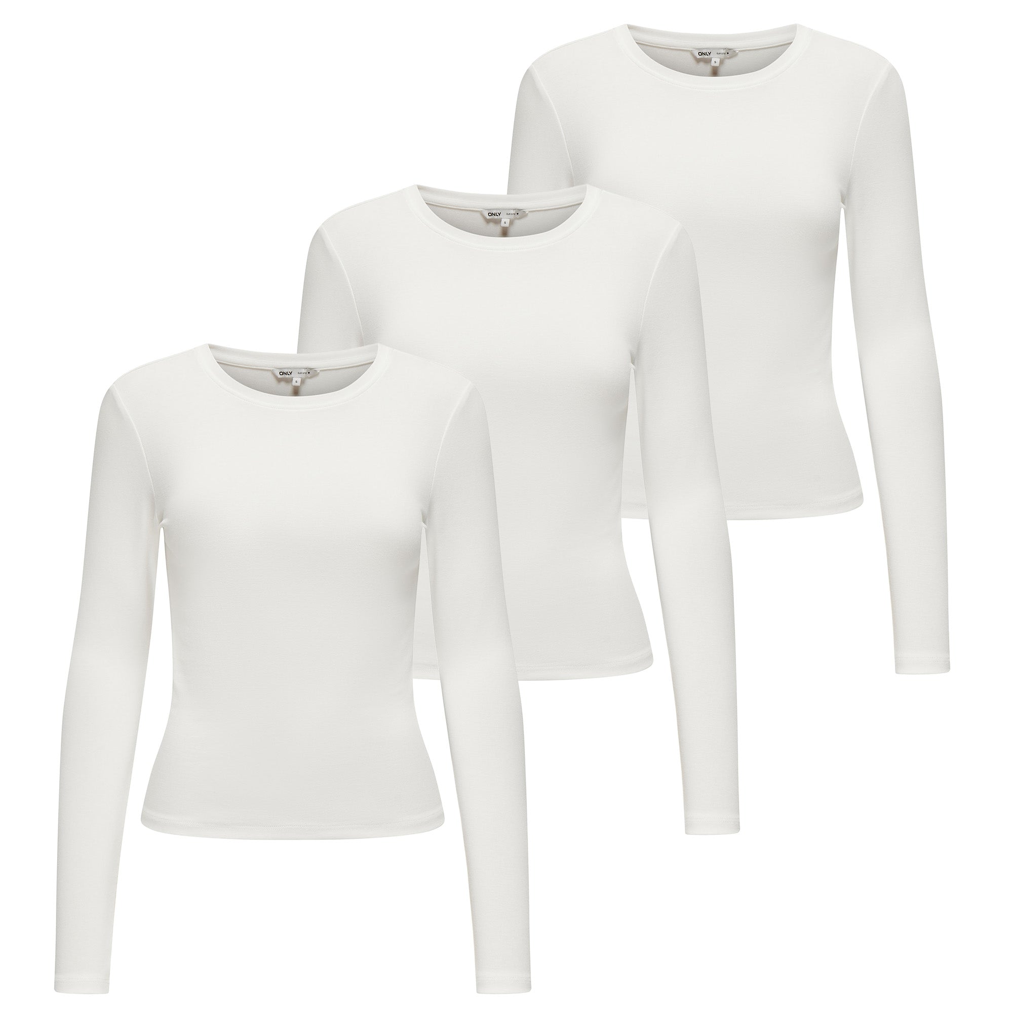 ONLY Damen Langarmshirt 3er Pack - ONLRILEY O-NECK TOP, Longsleeve, Rundhals, Cotton Stretch