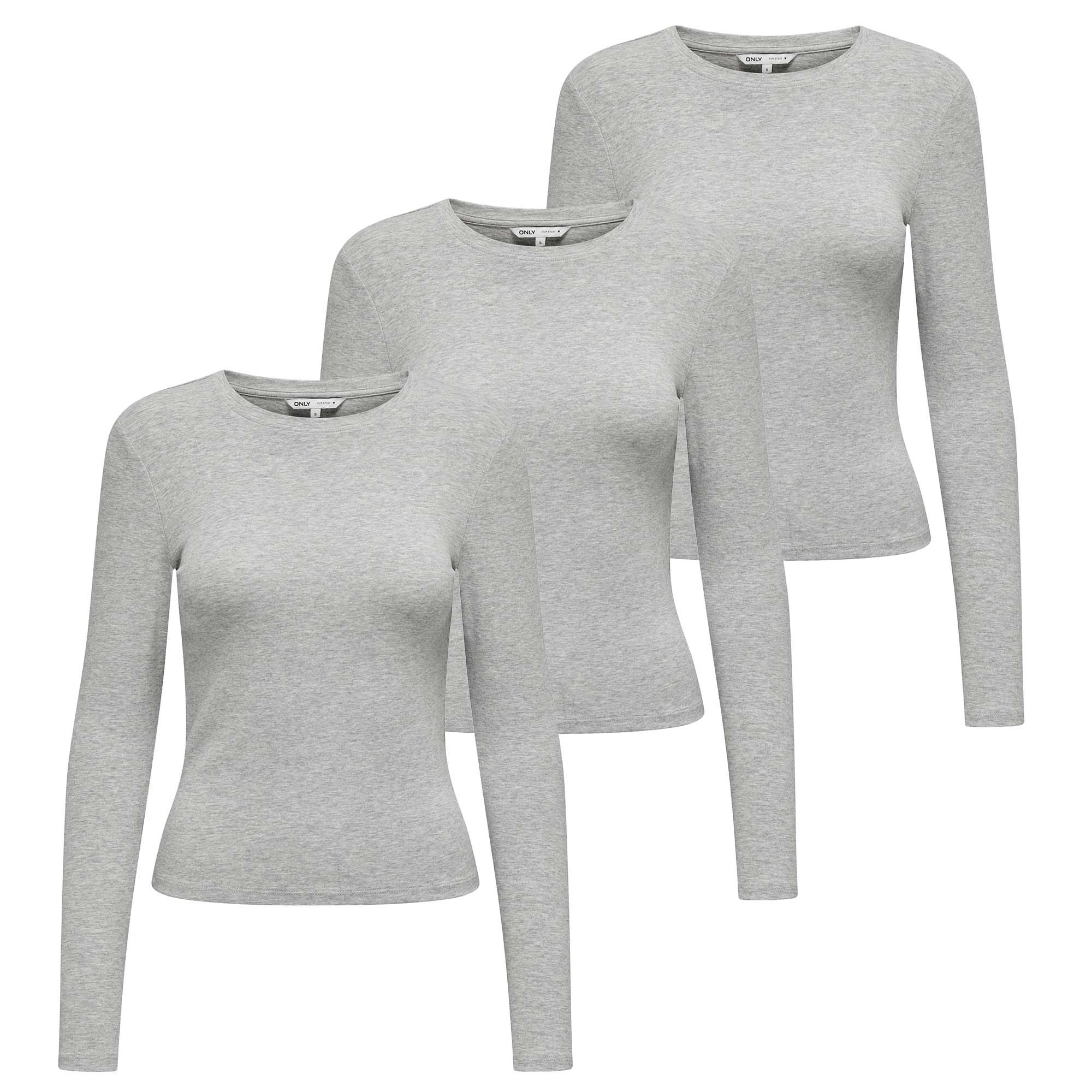 ONLY Damen Langarmshirt 3er Pack - ONLRILEY O-NECK TOP, Longsleeve, Rundhals, Cotton Stretch