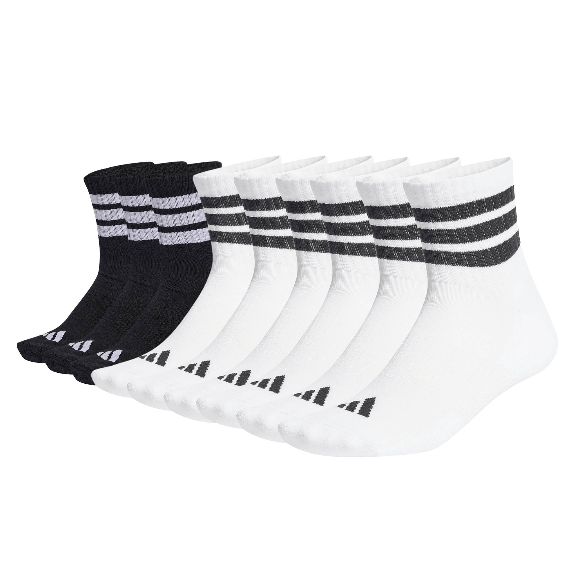 adidas Unisex Quartersocken, 9er Pack - 3-Stripes Cushioned Sportswear Mid-Cut Socks, Logo, Streifen, gepolstert