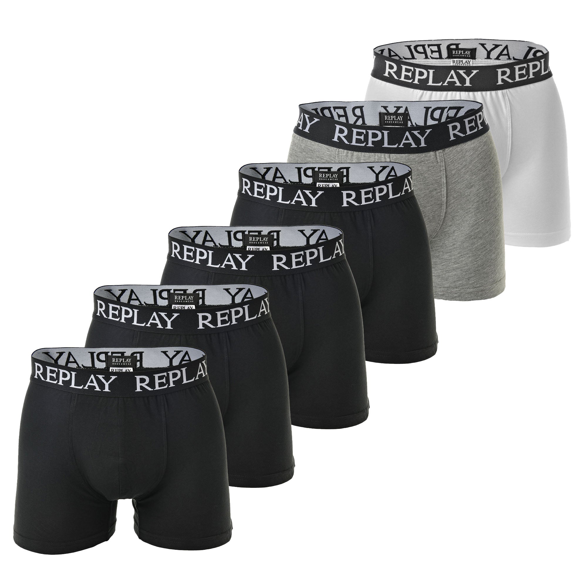 REPLAY Herren Boxershorts, 6er Pack - Unterhosen, Baumwolle, Logo, einfarbig