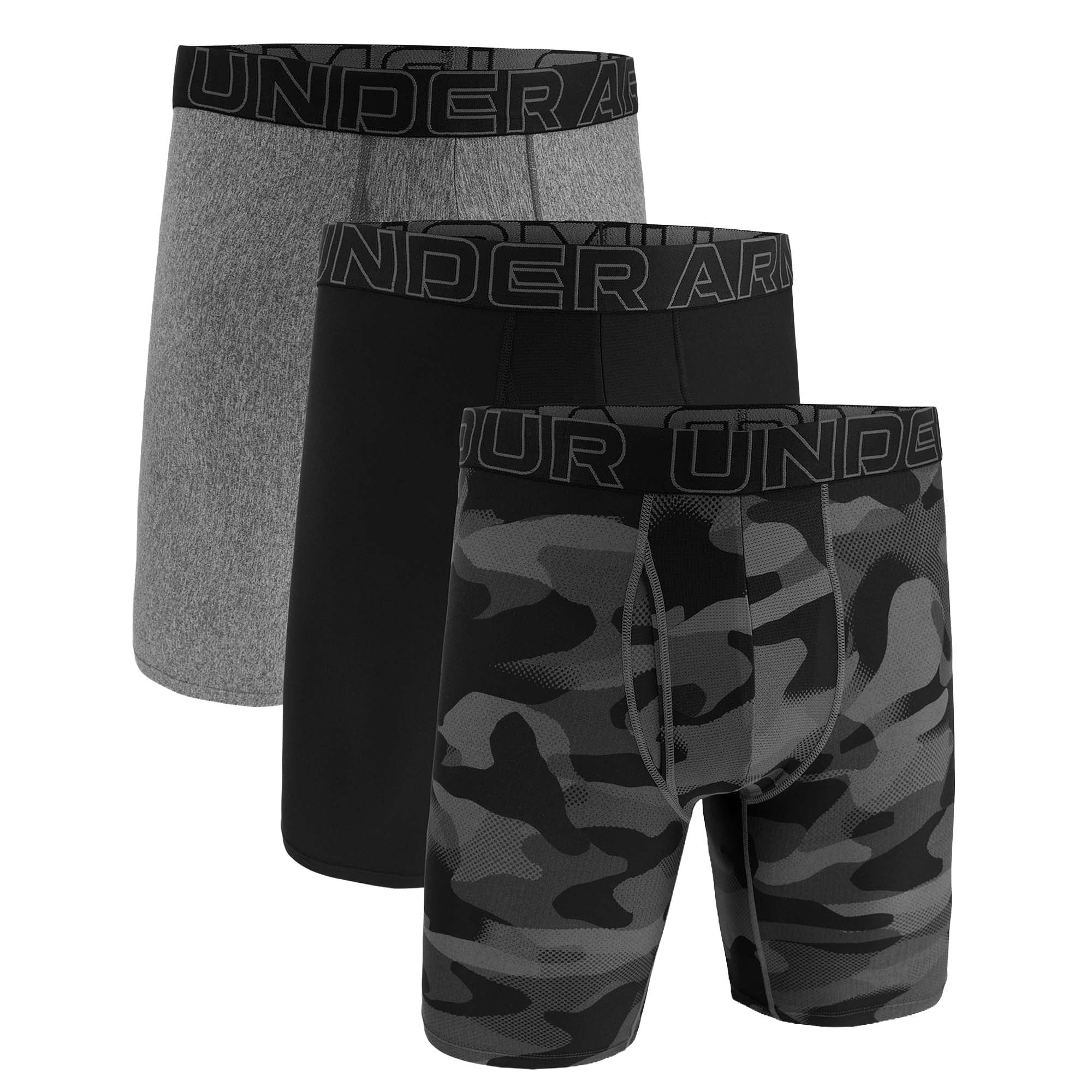 UNDER ARMOUR Men's Boxer Shorts, 3-pack - Performance Tech Long Boxer Briefs, Novelty 9 in, Camouflage, Stretch